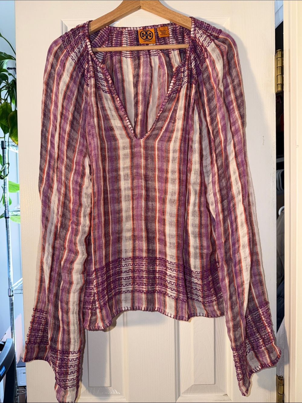 Tory Burch Purple and White Striped Peasant Tunic with Orange Accents L